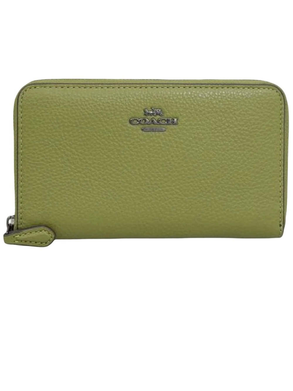 Coach Olive Green Pebbled Leather Zip-Around Wallet with Silver Logo